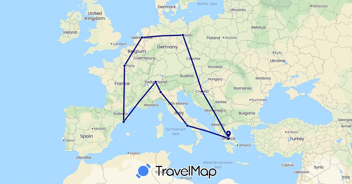 TravelMap itinerary: driving in Switzerland, Germany, Spain, France, Greece, Croatia, Italy, Netherlands (Europe)